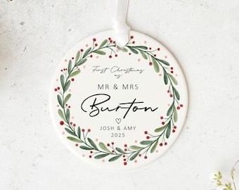 Personalised Mr & Mrs Ornament – First Christmas Married Bauble, Newlywed Wedding Keepsake Gift