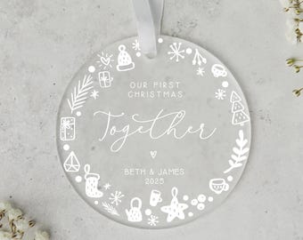 First Christmas Together Personalised Bauble - Frosted Acrylic Ornament, Couples Gift - UV Printed, 8cm Diameter, Christmas Decor