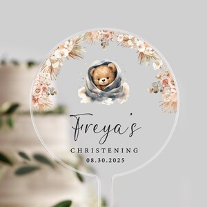 Personalised Christening Cake Topper – Floral Bear Design – Custom Name & Date – Baby Baptism or Dedication – Acrylic