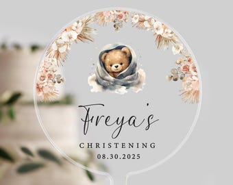 Personalised Christening Cake Topper – Floral Bear Design – Custom Name & Date – Baby Baptism or Dedication – Acrylic