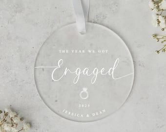 Personalised Christmas Ornament: Frosted Acrylic Bauble, First Christmas Engaged | UV Printed, 8cm Diameter | Couple Gift 2025