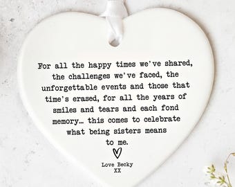 Sister Ceramic, Keepsake Heart | Personalised UV Print | White Ribbon, Gift Box, Approx 8cm X 7cm