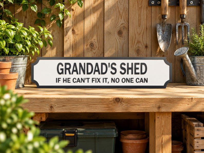 A wooden bench with a sign that reads "GRANDAD'S SHED" and a humorous message below it, surrounded by potted plants and gardening tools.