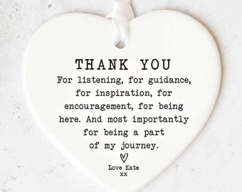 Thank You Ceramic | Heart Keepsake Plaque - White Ornament - Ribbon, Mentor Tribute, 8cm X 7cm