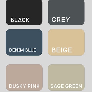 six color swatches, each representing a different color: black, grey, denim blue, beige, dusky pink, and sage green.