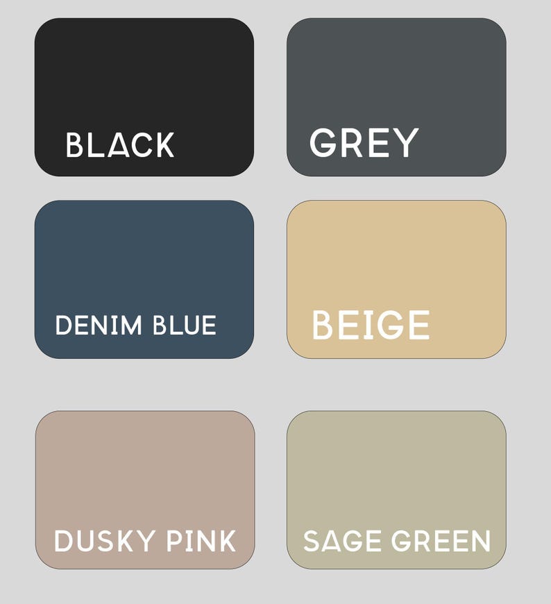 six color swatches, each representing a different color: black, grey, denim blue, beige, dusky pink, and sage green.