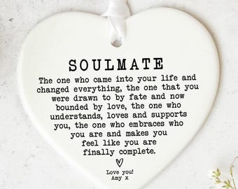 Soulmate Gift Ceramic Heart Keepsake Romantic Quote Partner Ornament Personalised Present