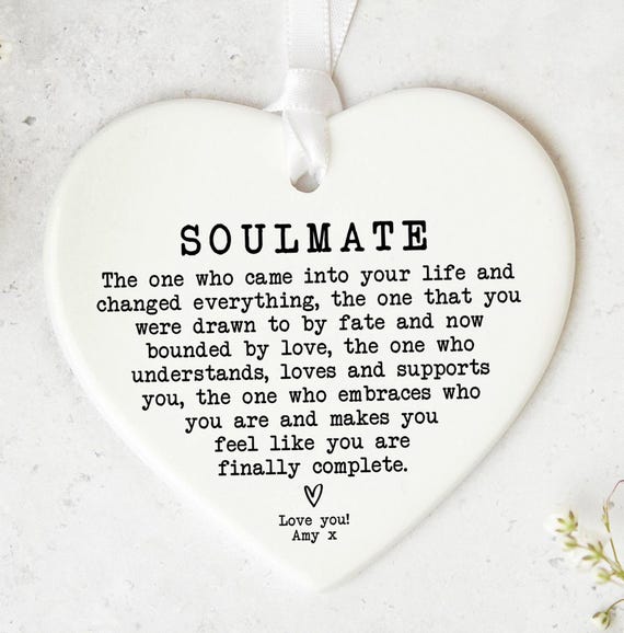 Soulmate Gift Ceramic Heart Keepsake Romantic Quote Partner Ornament Personalised Present