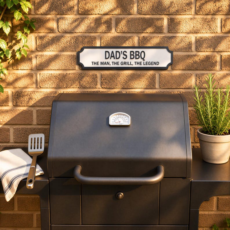 a black barbecue grill with a sign above it that reads "DAD'S BBQ THE MAN, THE GRILL, THE LEGEND". The grill is set against a brick wall, and there is a potted plant and a spatula nearby.