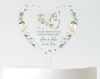 Personalised 50th Wedding Anniversary Cake Topper – Golden Anniversary Floral Heart Decoration