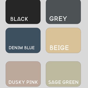 May include: A color palette featuring six rectangular blocks, each with a different solid color. The colors are black, grey, denim blue, beige, dusky pink, and sage green. Each block has the color name in white text.