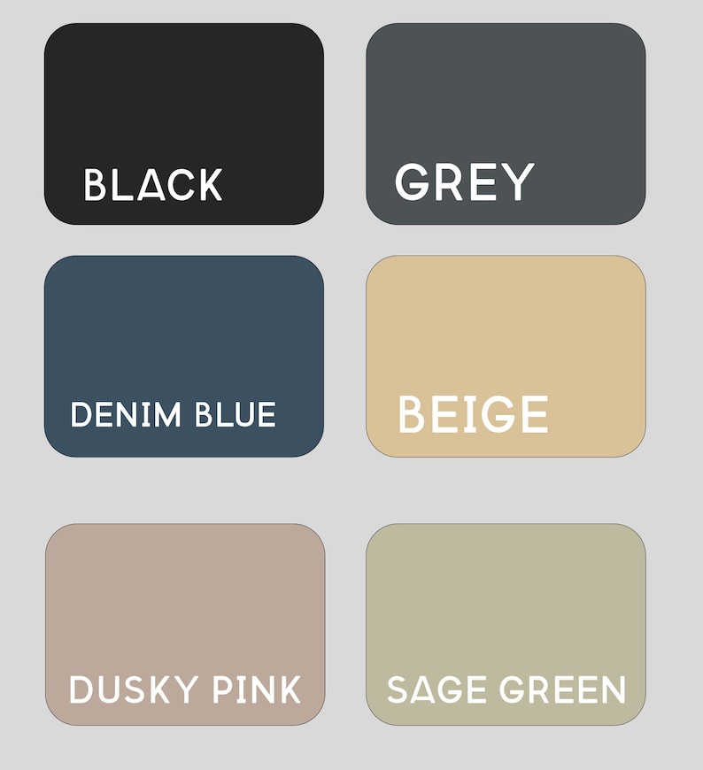 May include: A color palette featuring six rectangular blocks, each with a different solid color. The colors are black, grey, denim blue, beige, dusky pink, and sage green. Each block has the color name in white text.