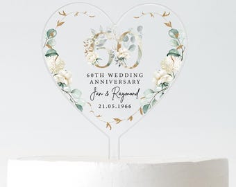 Gepersonaliseerde taarttopper 60-jarig huwelijk – Diamanten verjaardag bloemenhartdecoratie