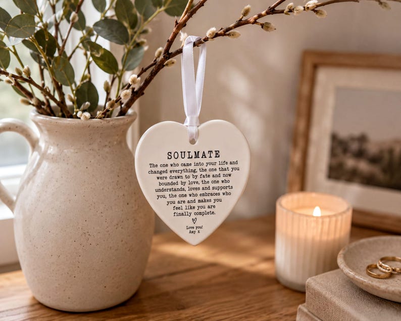 a heart-shaped ornament hanging from a branch, with a candle and a vase of greenery nearby.