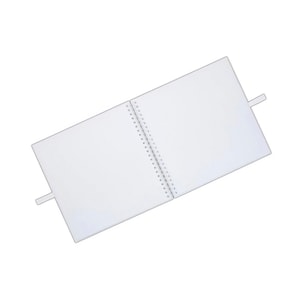 May include: A white spiral bound notebook with a white ribbon bookmark. The notebook is open to a blank page.