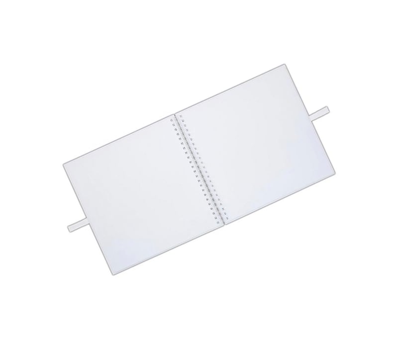 May include: A white spiral bound notebook with a white ribbon bookmark. The notebook is open to a blank page.