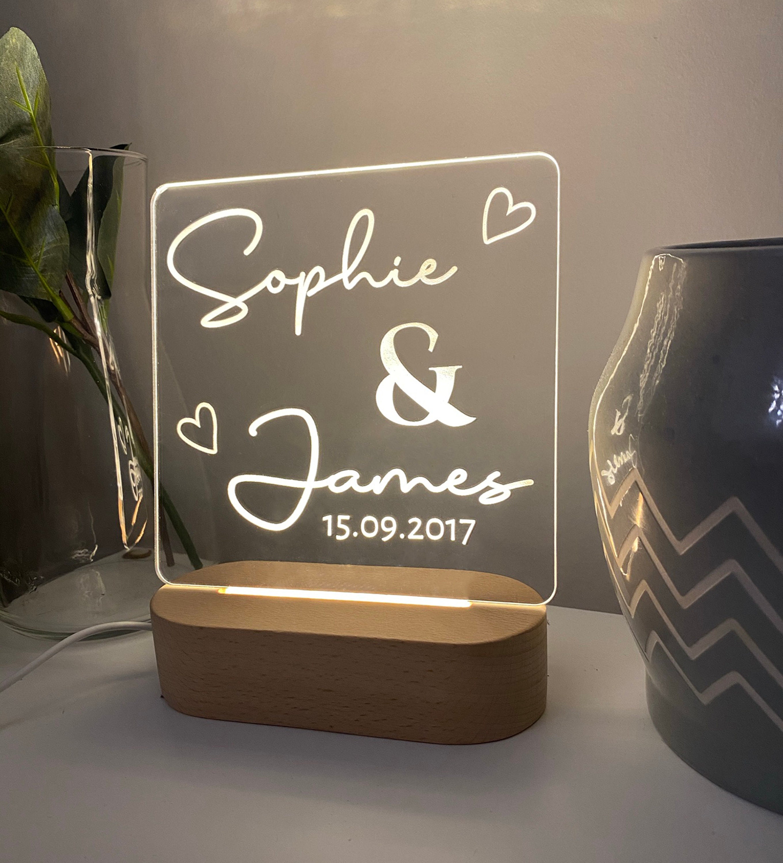 Personalised LED couples lamp. Custom engraved bedroom living Etsy