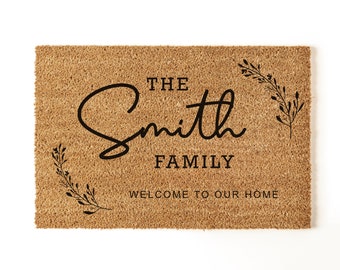 Personalised Door Mat Family Name: Custom Text Welcome Mat, Natural Coir (60x40cm, Non-Slip, Indoor)