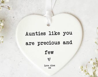 Auntie Gift, Ceramic Heart Ornament | White Ribbon | UV Print | 8Cm X 7Cm Personalised Presentation Box Option