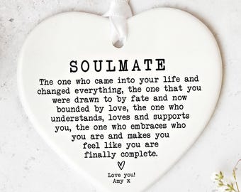 Soulmate Gift, Ceramic Heart Keepsake - Romantic Quote | White Ribbon Ornament, Personalised Present