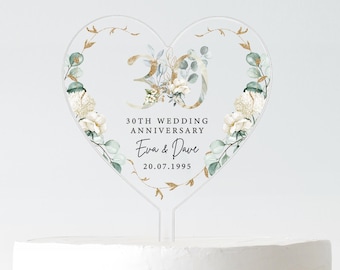 Personalised 30th Anniversary Heart Cake Topper with Names Pearl