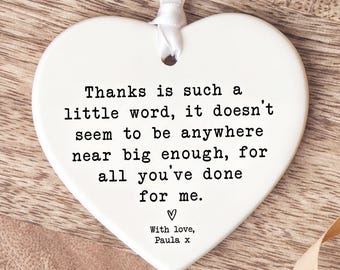 Thank You Gift, Ceramic Heart Keepsake | White Ribbon Plaque | 8cm x 7cm | Personalised Message