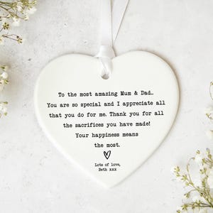 Regalo personalizzato per mamma e papà KS76 / Regalo per dire grazie / Ricordo a forma di cuore in ceramica / Citazione di famiglia / Regalo per i genitori / Regalo per i genitori / Regalo