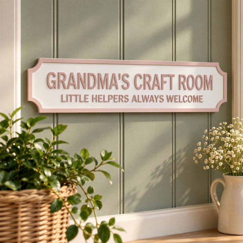 a sign that reads "Grandma's Craft Room" and a wicker basket with greenery, placed on a wooden surface.