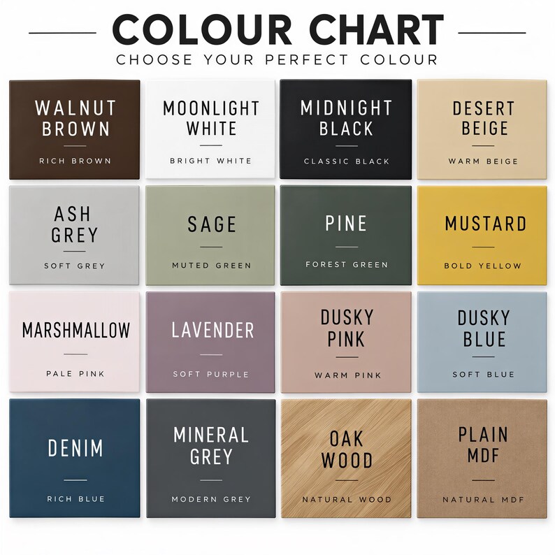 The image is a color chart that displays various color options, including different shades of brown, white, black, and beige.