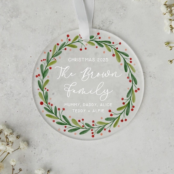 Family Christmas Ornament Personalised Bauble, Frosted Acrylic (8cm Diameter, UV Printed, Holiday Home Decor)