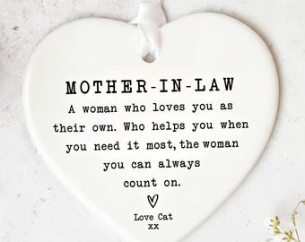 Mother-In-Law Gift, Personalised Ceramic Keepsake Heart | UV Printed | White Ribbon | 8cm x 7cm