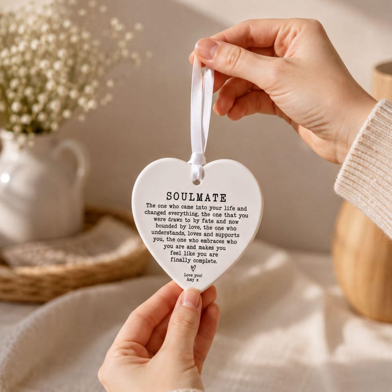 A person's hand holding a heart-shaped ornament with a message about love and relationships.