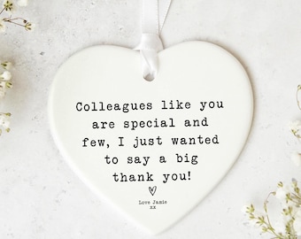 Leaving Gift | Ceramic Heart Keepsake, Personalised Work Colleague Token | White Ribbon | 8X7Cm