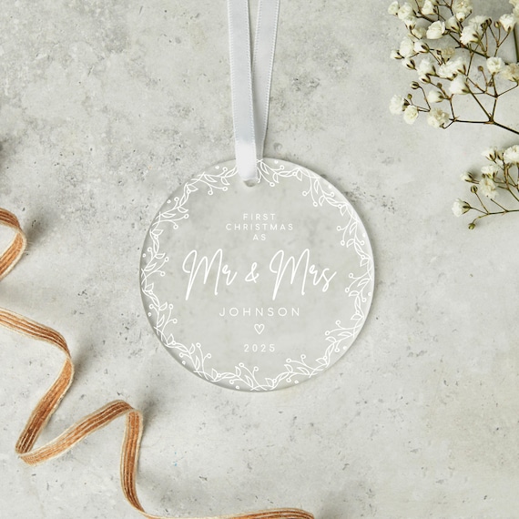 Mr & Mrs Personalised Ornament: Frosted Acrylic Bauble, Newlywed Christmas Gift | 8cm Diameter, UV Printed, Wedding Keepsake