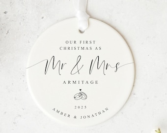 Personalised Mr & Mrs First Christmas Bauble | Newlywed Ornament | Surname Keepsake | Wedding Gift | Elegant Script Christmas Decoration