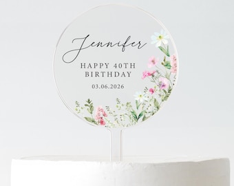 Personalised 40th Birthday Cake Topper – Floral Acrylic Birthday Decoration