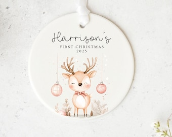 Personalised Baby’s First Christmas Bauble | Custom Name Ornament | Reindeer with Baubles Design | New Baby Gift | Christmas Decoration 2025