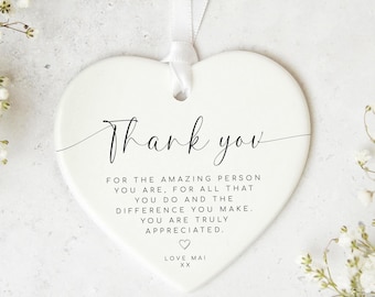Thank You Keepsake | Ceramic Heart, White Ribbon - UV Printed, Personalised, 8cm X 7cm, Gift Box