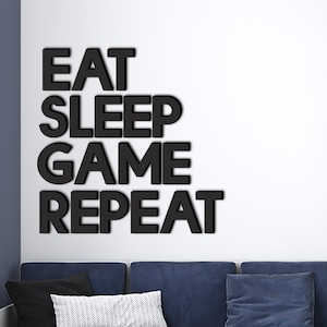 Decoración de pared grande con juego de comer y dormir, repetición, sala de juegos, dormitorio, arte de pared, arte de pared de jugador, arte de sala de juegos, dormitorio infantil
