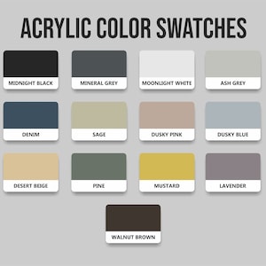 K&ouml;nnte beinhalten: Eine Farbkarte mit Acrylfarbmustern. Die Karte enth&auml;lt eine Vielzahl von Farben wie Midnight Black, Mineral Grey, Moonlight White, Ash Grey, Denim, Sage, Dusky Pink, Dusky Blue, Desert Beige, Pine, Mustard, Lavender und Walnut Brown.