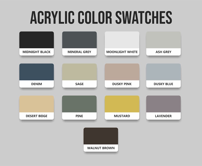 K&ouml;nnte beinhalten: Eine Farbkarte mit Acrylfarbmustern. Die Karte enth&auml;lt eine Vielzahl von Farben wie Midnight Black, Mineral Grey, Moonlight White, Ash Grey, Denim, Sage, Dusky Pink, Dusky Blue, Desert Beige, Pine, Mustard, Lavender und Walnut Brown.