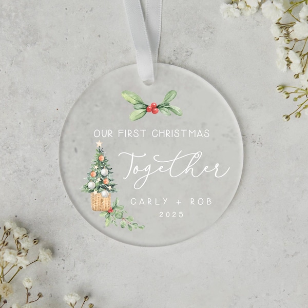 Personalised Christmas Bauble: Couples First Christmas 2026 Ornament, Frosted Acrylic, UV Printed | 8cm Diameter, Keepsake Gift