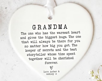 Grandma Gift, Sentimental Heart Keepsake | Smooth Ceramic | 8Cm X 7Cm | Hanging Ribbon | Minimalist Design