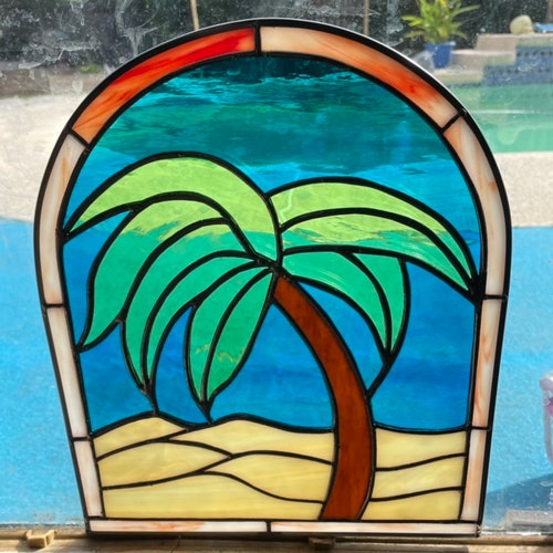 Sunset Love Stained Glass Suncatcher Palm Tree Sunset Etsy