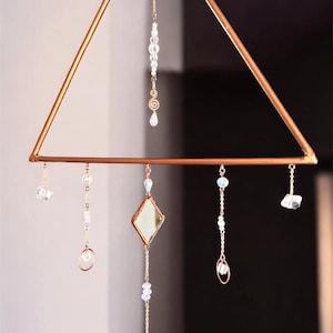 Handmade Copper Triangle Sun Catcher — 7&quot; Geometric Suncatcher with Crystal Beads, Mirror & Copper Wire — Modern Boho Window Mobile