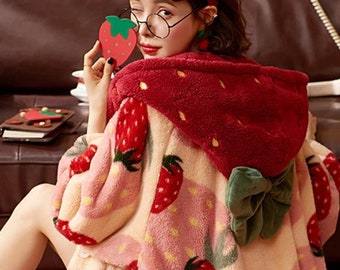 Women Strawberry Nightgown Winter Flannel Sweet Hooded,Family Christmas Matching Pajamas Set,  Xmas Sleepwear, Xmas Autumn Pajamas,