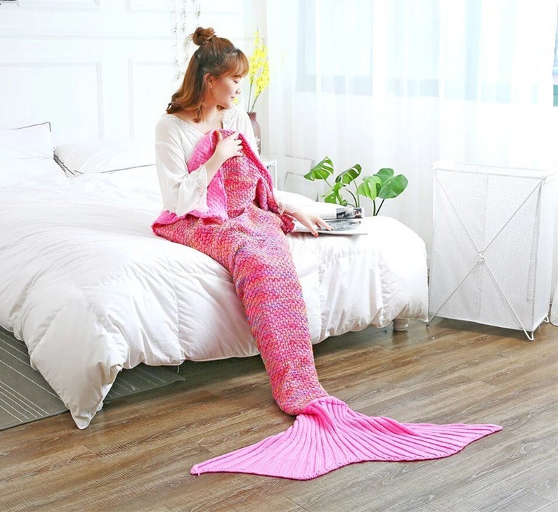 Mermaid Blanket, Fish Tail Blanket, Soft Crochet Sleeping Bag, Blanket for Kids, Mermaid Gift for Girls, Mermaid Tail Blankets Rose Red