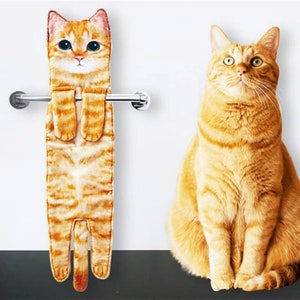 Cute Cat Hand Towel, Hangable Realistic Cat Towel Kitchen Bathroom, Quick Drying Cat Hand Towel, Cute Cat Decor Hanging Washcloths Orange Cat