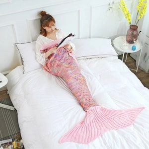 Mermaid Blanket, Fish Tail Blanket, Soft Crochet Sleeping Bag, Blanket for Kids, Mermaid Gift for Girls, Mermaid Tail Blankets Light Pink