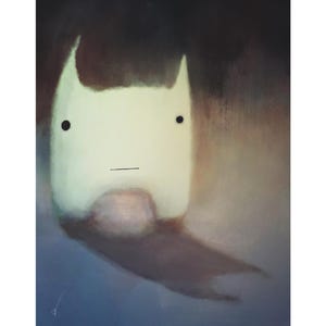 May include: An illustration of a square-shaped cat-like creature with a light yellow body, black eyes, and a simple mouth. The artwork has a soft, painterly style with a dark background. Text at the bottom reads "SQUARE CAT THING NAME LATER."